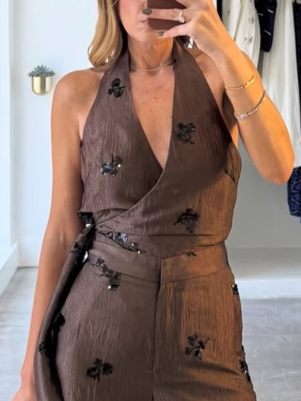 Zara NWT brown halter top with black embroidered sequin floral embellishments